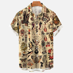 A short-sleeved button-down shirt with a tan background featuring a vintage tattoo print.