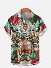 A short-sleeved button-down shirt featuring a vibrant, 3D-printed tiger and dragon design.