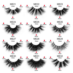 A grid of twelve different styles of 3D mink false eyelashes with labeled measurements.