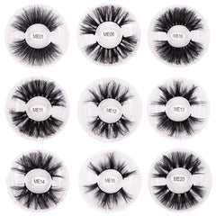 A grid of nine different styles of 3D mink false eyelashes in individual circular containers.