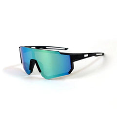 Children's sports sunglasses with a black plastic frame and reflective blue-green lenses.