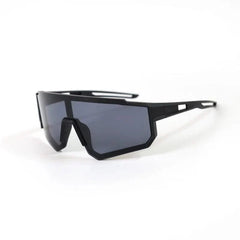 Black children's sports sunglasses with a rectangular frame and dark tinted lenses.