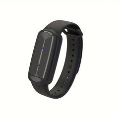 A black ultrasonic mosquito repellent wristband with a textured face and a small blue indicator.