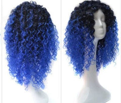 A shoulder-length wig with tight curls featuring a black to blue ombre color transition.