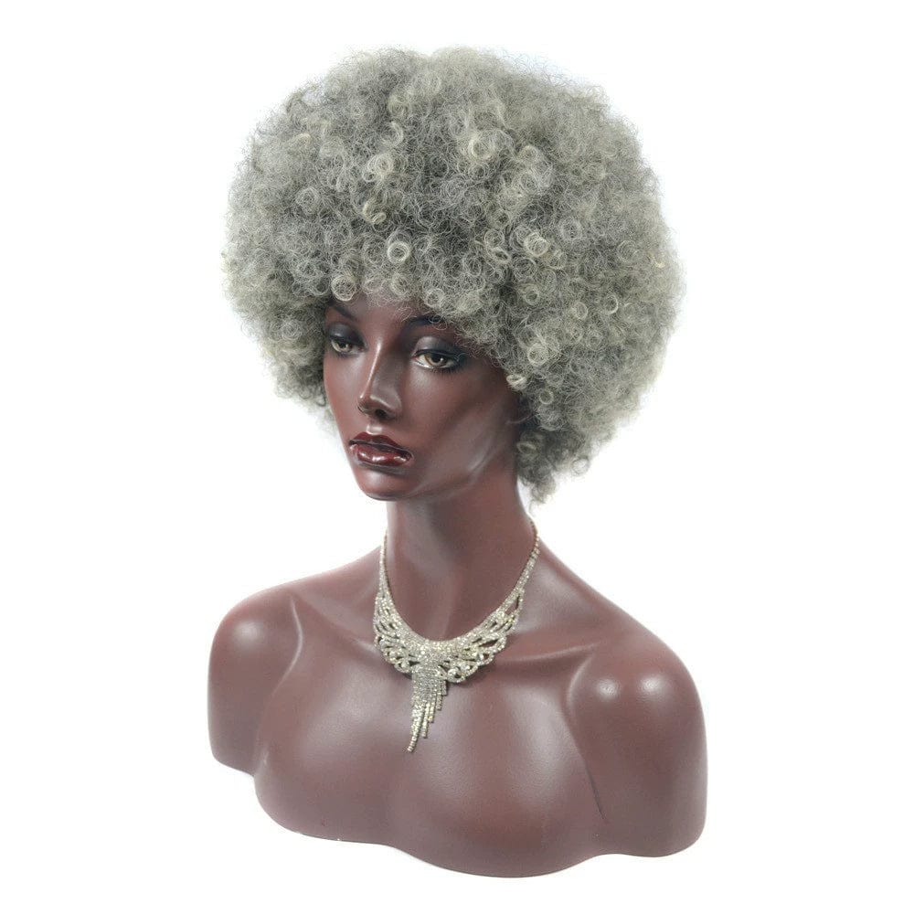 A mannequin head wears a short, grey, curly afro wig and a decorative rhinestone necklace.