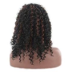 A short, curly black wig with brown highlights displayed on a mannequin head.