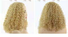 A blonde, shoulder-length wig with tight, voluminous curls shown from the side and back.