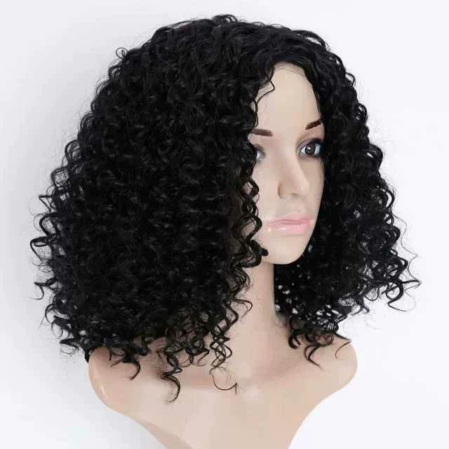 A mannequin head wears a short, black wig with tight, voluminous curls.
