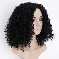 A mannequin head wears a short, black wig with tight, voluminous curls.