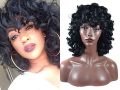 A black, short, curly wig with voluminous, tight ringlet curls shown on a mannequin head.