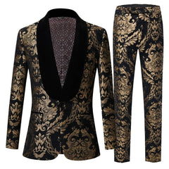 A two-piece men's suit featuring a black and gold floral brocade pattern with a shawl lapel.