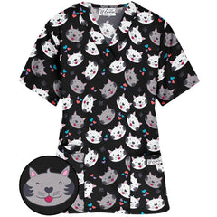 A black V-neck scrub top featuring a repeating pattern of cat faces and small colorful hearts.