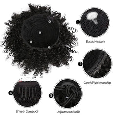 A natural black curly afro puff drawstring ponytail with an elastic net, combs, and buckle.