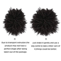 Two images of a natural black curly afro puff drawstring ponytail hairpiece.