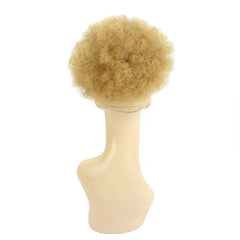 A blonde curly afro puff drawstring ponytail hairpiece displayed on a mannequin head.