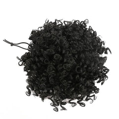 A natural black synthetic afro puff curly hair bun with a drawstring attachment.