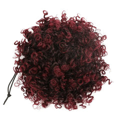 A burgundy and black curly afro puff drawstring hair bun.
