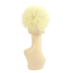 A blonde curly afro puff drawstring ponytail hairpiece displayed on a mannequin head.