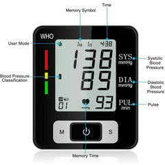 A digital wrist blood pressure monitor displaying a reading of 138 over 89 with a pulse of 93.
