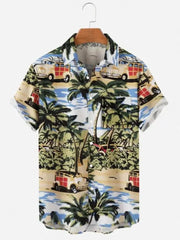 A short-sleeved Hawaiian shirt featuring a tropical beach print with vintage cars and palm trees.