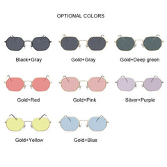 A grid of eight pairs of small, octagonal metal-frame sunglasses in various lens and frame colors.
