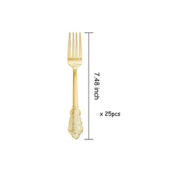 A single gold-plated plastic fork with an ornate embossed handle design.