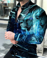 A man wears a long-sleeved button-down shirt featuring a blue lion and lightning print.