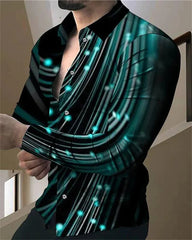 A man wears a long-sleeved button-down shirt featuring a black and teal abstract light-trail print.