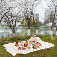 A geometric patterned picnic blanket spread on a grassy lawn by a river under cherry trees.