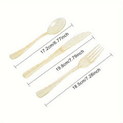 A set of golden glitter plastic cutlery including a spoon, knife, and fork with length dimensions.