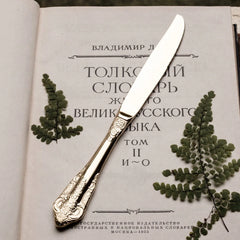 A silver-toned stainless steel dinner knife with an ornate relief handle rests on an open book.