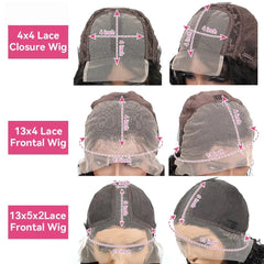 A comparison chart showing the lace dimensions for 4x4 closure, 13x4 frontal, and 13x5 frontal wigs.