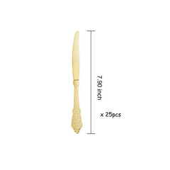 A gold-colored disposable plastic knife with an ornate embossed handle.