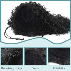 A black kinky curly drawstring ponytail extension with internal combs and a breathable net.