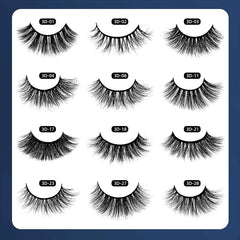 A grid of twelve different styles of 3D mink false eyelashes arranged in labeled rows.
