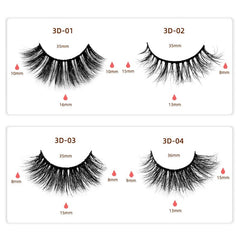 Four styles of 3D mink false eyelashes displayed with their respective length measurements.