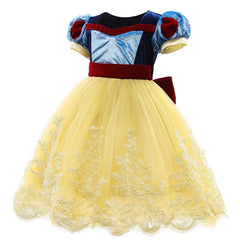 Snow White costume dress with a blue velvet bodice, puff sleeves, and a yellow tulle skirt.