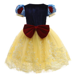 Snow White costume dress with a blue velvet bodice, puff sleeves, and a yellow lace-overlay skirt.