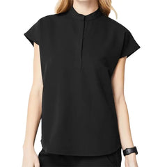 A person wears a black short-sleeved scrub top with a mandarin collar and a partial button placket.