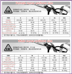 Size charts for male and female nurse uniforms showing height, bust, length, and weight ranges.