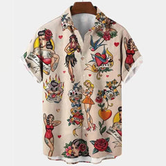 A short-sleeved button-down shirt with a beige background and a vintage tattoo-style print.