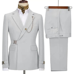 A light gray slim-fit two-piece men's suit featuring a blazer with a decorative chain and buckle.