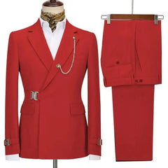 A red slim-fit two-piece men's suit featuring a blazer with a metal buckle and chain detail.