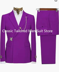 A vibrant purple two-piece men's suit featuring a double-breasted blazer with metallic accents.