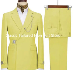 A lime green slim fit two-piece men's suit featuring a blazer with a side buckle and chain detail.