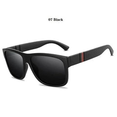 Black square polarized sunglasses with a textured temple design and a subtle red stripe detail.