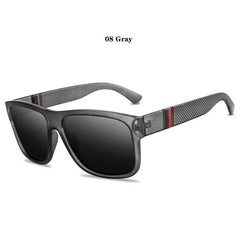 Gray square-framed polarized sunglasses with a textured temple design and red stripe detail.