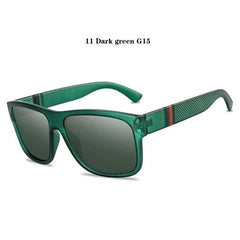 Dark green square-framed sunglasses with textured temples and polarized lenses.