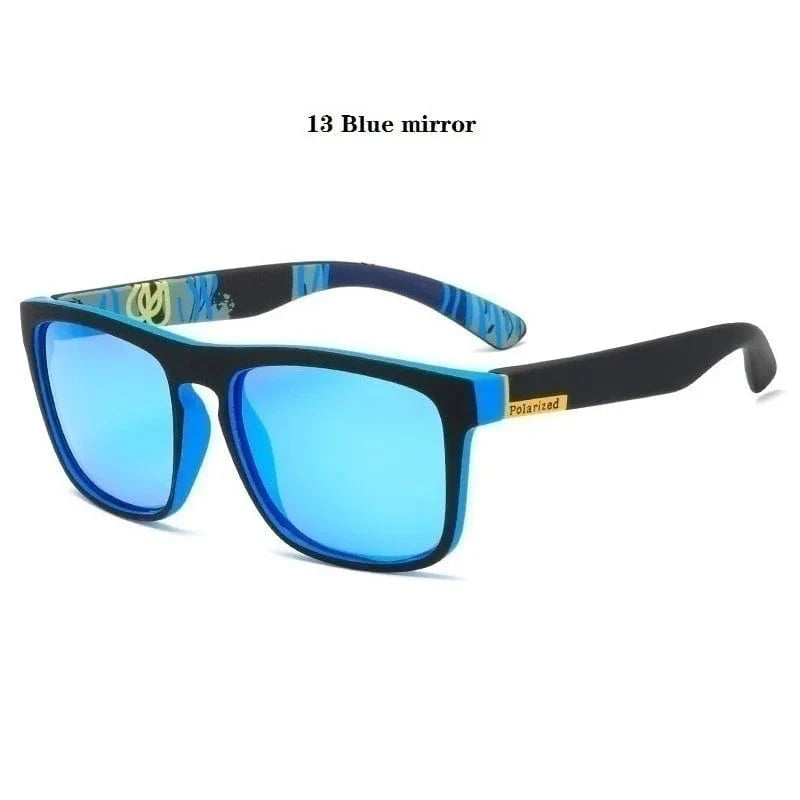 Square polarized sunglasses with a black frame and blue mirror lenses.