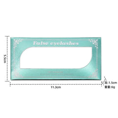 A rectangular teal eyelash packaging box with a clear window and dimensions labeled.